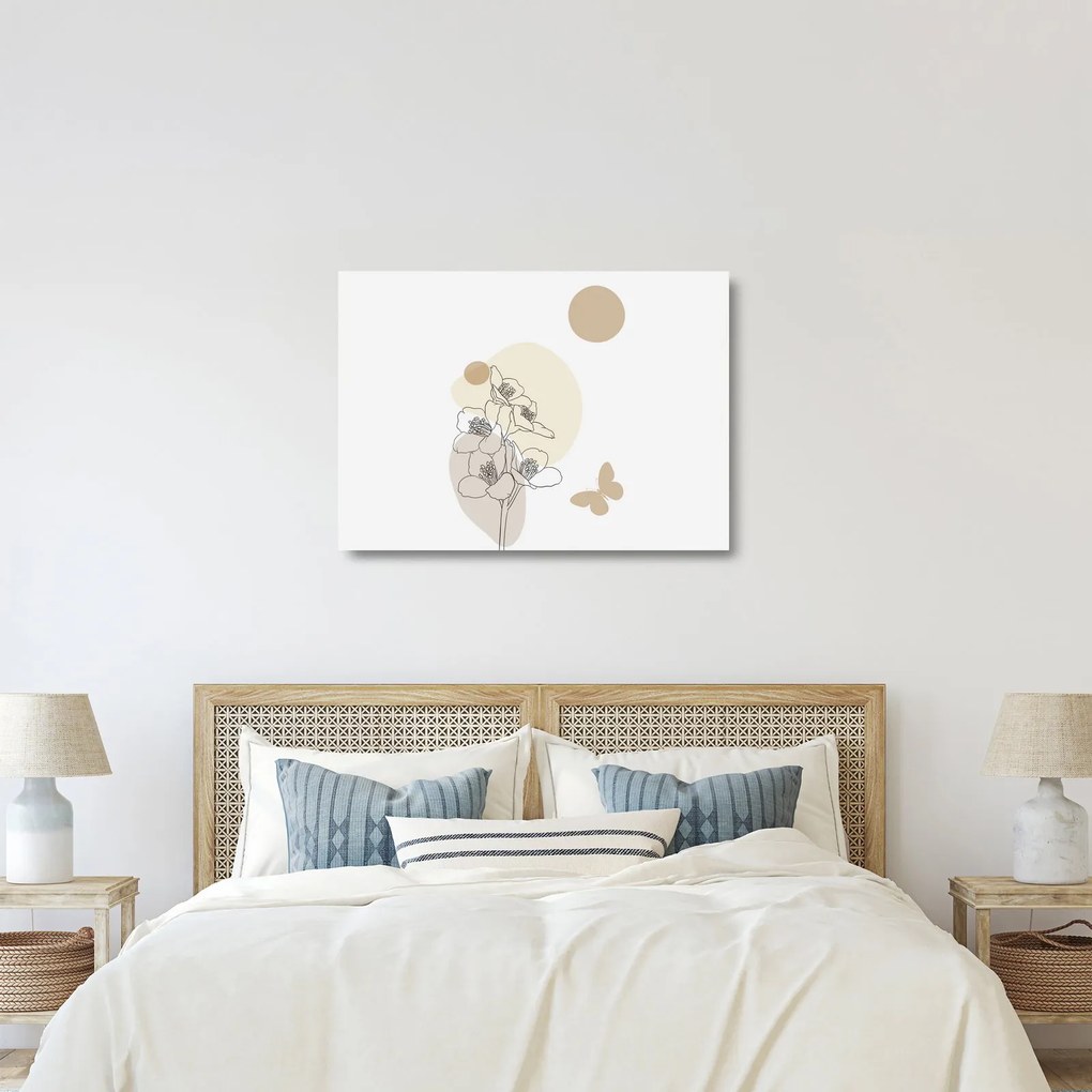 Tablou pe sticlă - Flori bej cu fluture N⁰4 (70x50 cm)