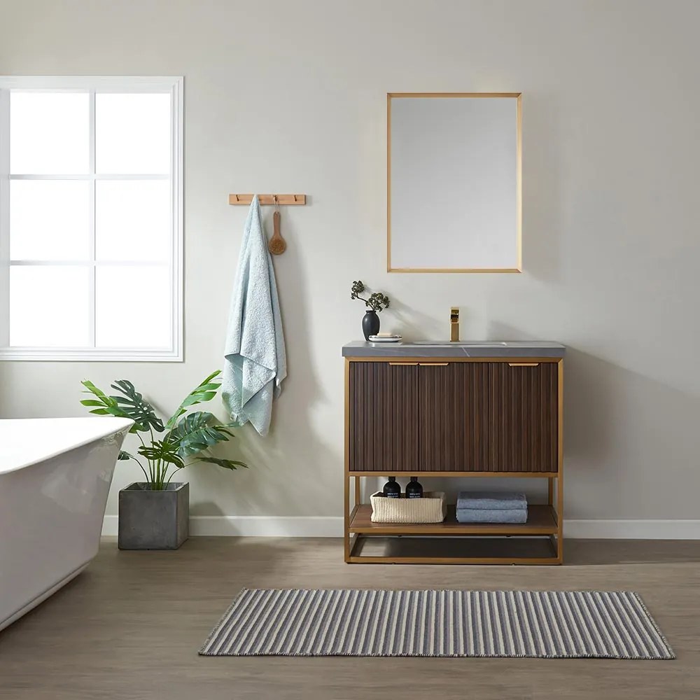 Set mobilier baie, dulap lemn 2 usi cu lavoar, 1 polita, blat piatra sinterizata + oglinda rama aluminiu, essen 91.4x55.8x88 cm, maro/gri/auriu