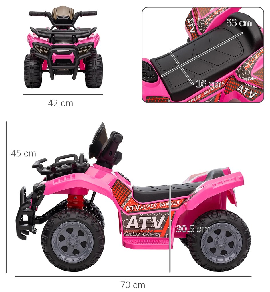 HOMCOM ATV Eletric pentru Copii 18-36 Luni cu Baterie Reincarcabila 6V, Mini ATV pentru Copii din Metal si PP, 70x42x45 cm, Roz | Aosom Romania