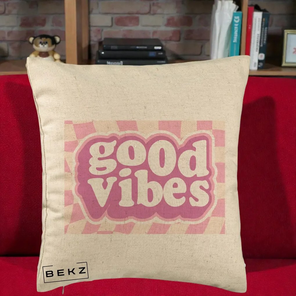 Perna Decorativa Good Vibes Retro Roz, 40x40 cm, Bej, Husa Detasabila, Perna Inclusa, BEKZ®