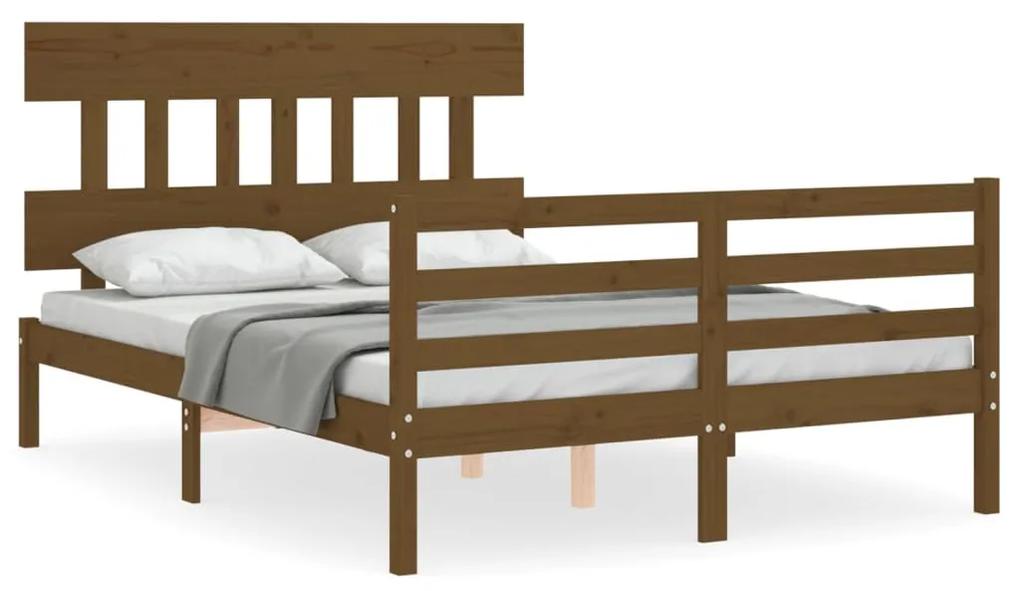 3195129 vidaXL Cadru de pat cu tăblie, dublu mic, maro miere, lemn masiv