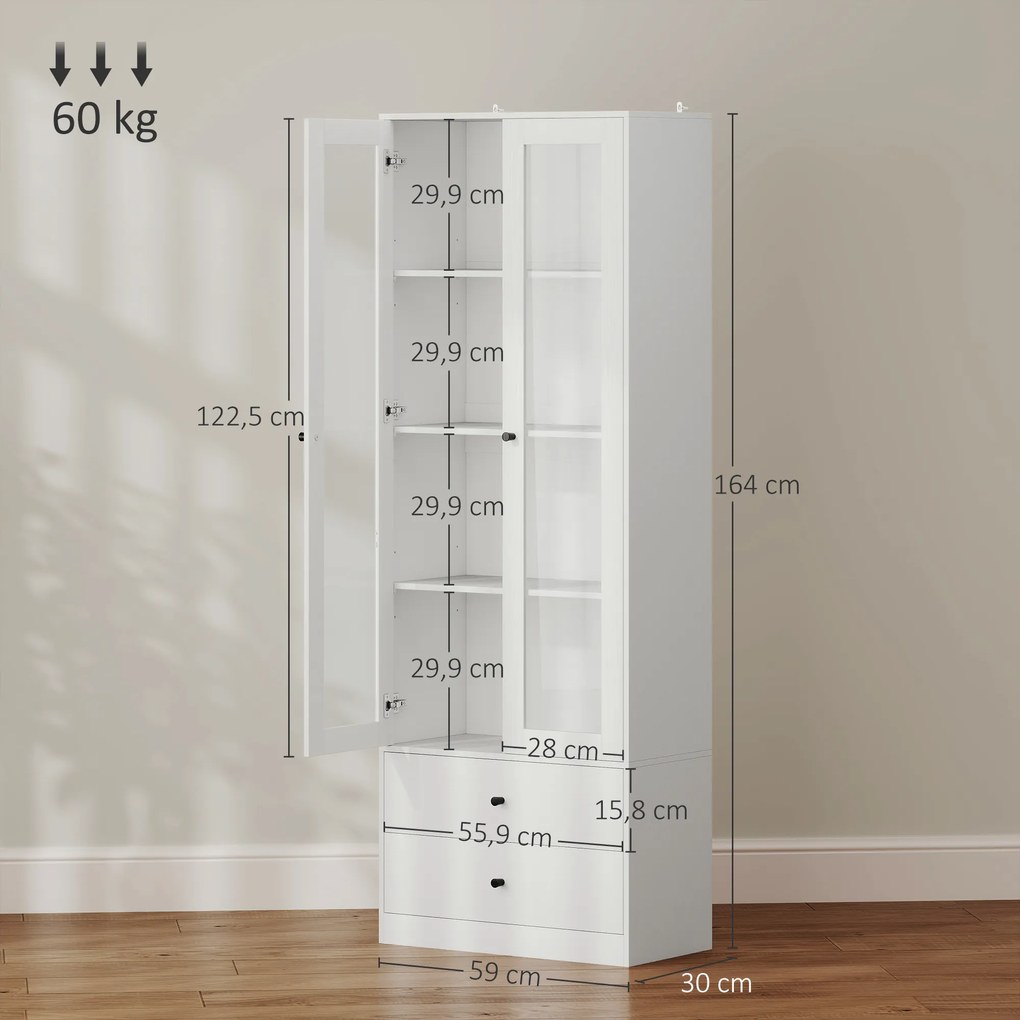 HOMCOM Mobilier de depozitare modern cu dulap cu uși din sticlă, rafturi reglabile și 2 sertare, 59 x 30 x 164 cm, alb | Aosom Romania