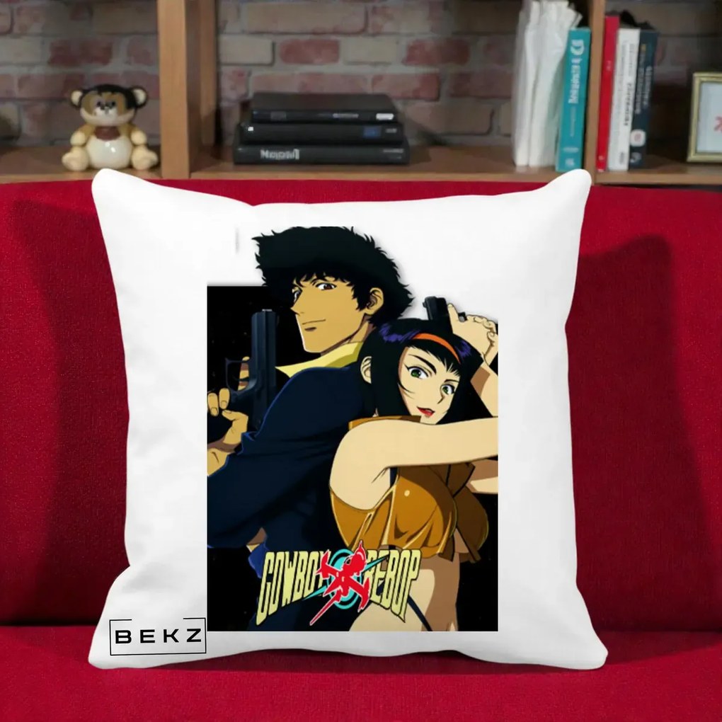 Perna Personalizata Cowboy Bebop Spike si Faye Poster, 40x40 cm, Alba Mata, Husa Detasabila, Perna Inclusa, BEKZ®