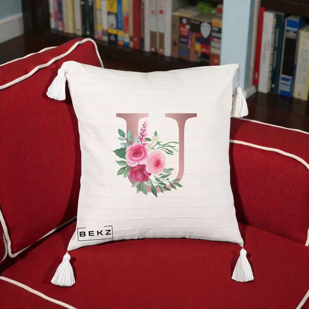Cadou Personalizat - Perna Personalizata Monograma Rose Gold Litera U, 40x40 cm, Bej cu Franjuri, Husa Detasabila, Perna Inclusa, BEKZ®