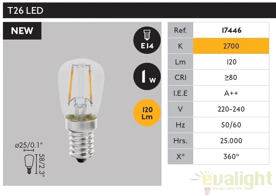 Bec E14 LED decorativ T26 FILAMENT 1W 2700K 17446