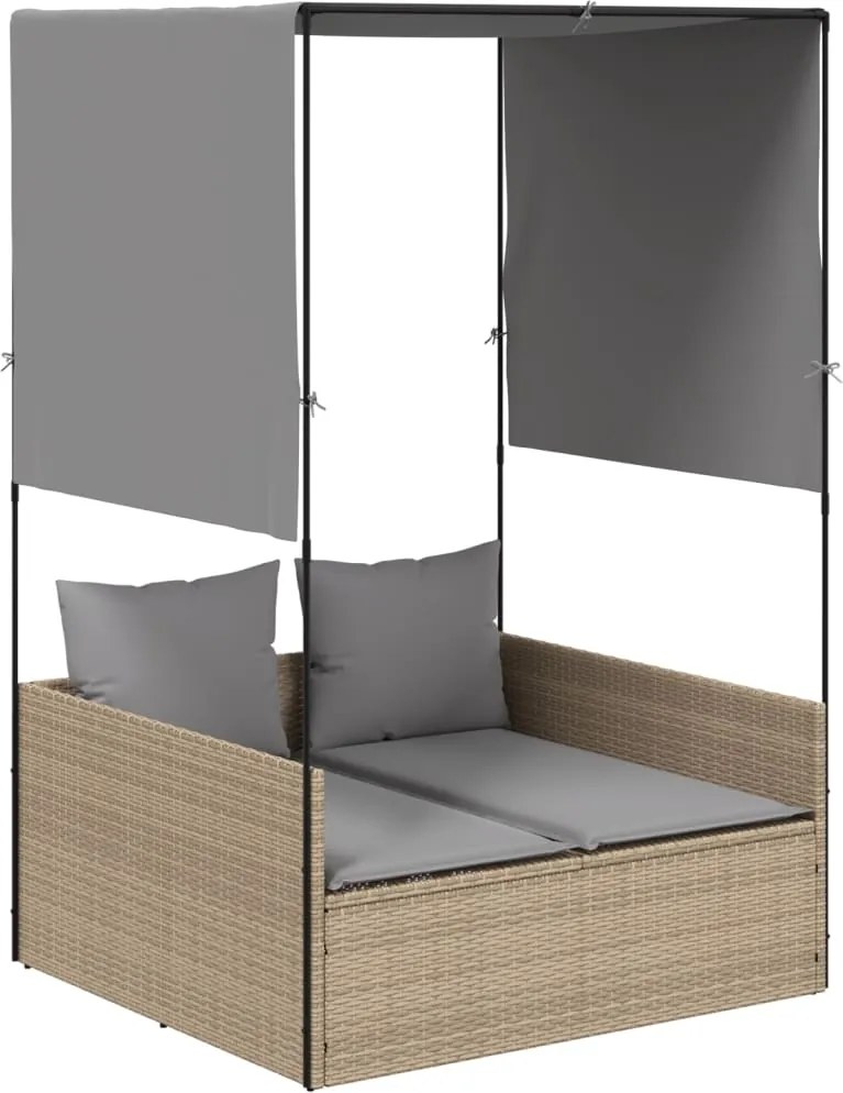 vidaXL Șezlong de plajă dublu cu acoperiș și perdele, bej, poliratan