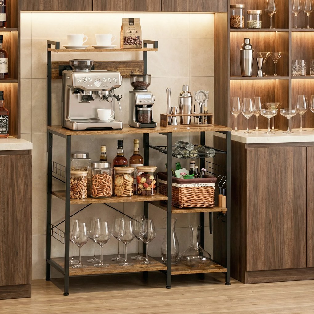 HOMCOM Raft de Bucatarie cu Prize Mutiple, Dulap Bucatarie pentru Microunde cu Rafturi si Cos din Sarma Stil Industrial, 90x42x130cm, Maro