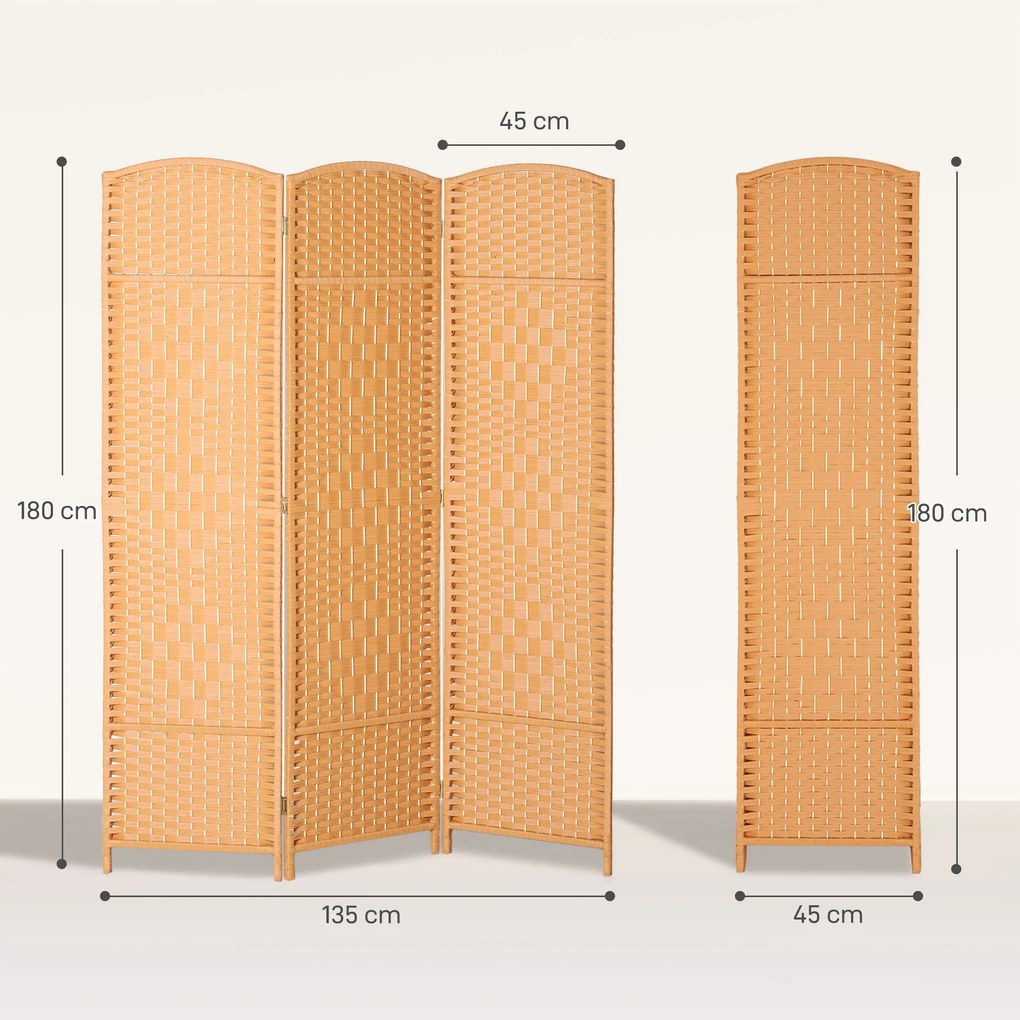HOMCOM Paravan interior din lemn 3 panouri despărțitor pliabil pentru living dormitor 135 x 180 cm maro deschis | Aosom Romania