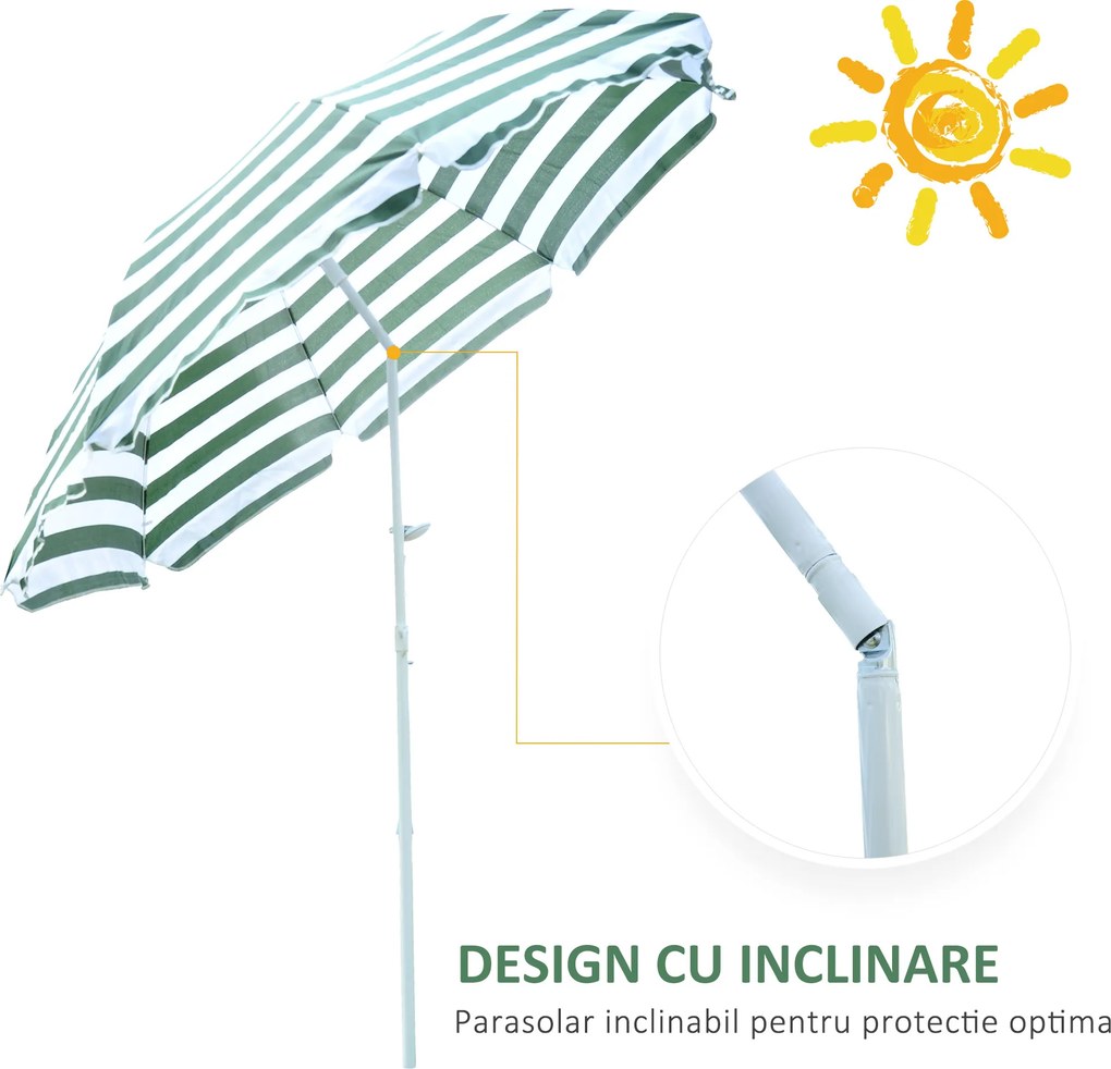 Outsunny Umbrelă de Plajă cu Acoperiș Înclinabil la 45°, Ø1.8x2 m, Verde și Alb | Aosom Romania