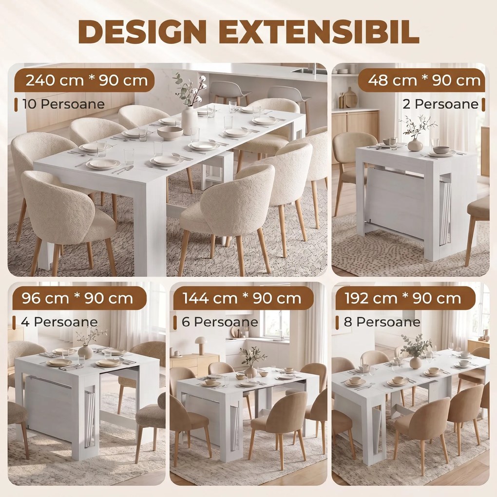 HOMCOM Masă Extensibilă Convertibilă în Consolă pentru 10 Persoane, PAL, Oțel, 240 x 90 x 78 cm, Alb | Aosom Romania