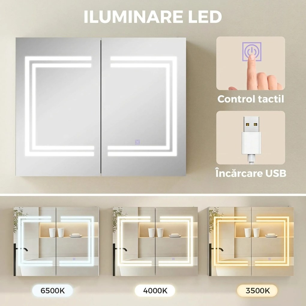 kleankin Oglindă Baie cu Dulap și LED, 80 x 65cm, Ușă Soft Close, Reglabilă pe 3 Culori, Rafturi Ajustabile, Alb Lucios | Aosom Romania