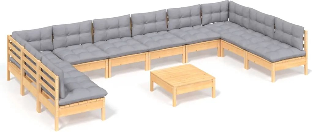 vidaXL Set mobilier grădină cu perne, 11 piese, gri, lemn masiv pin