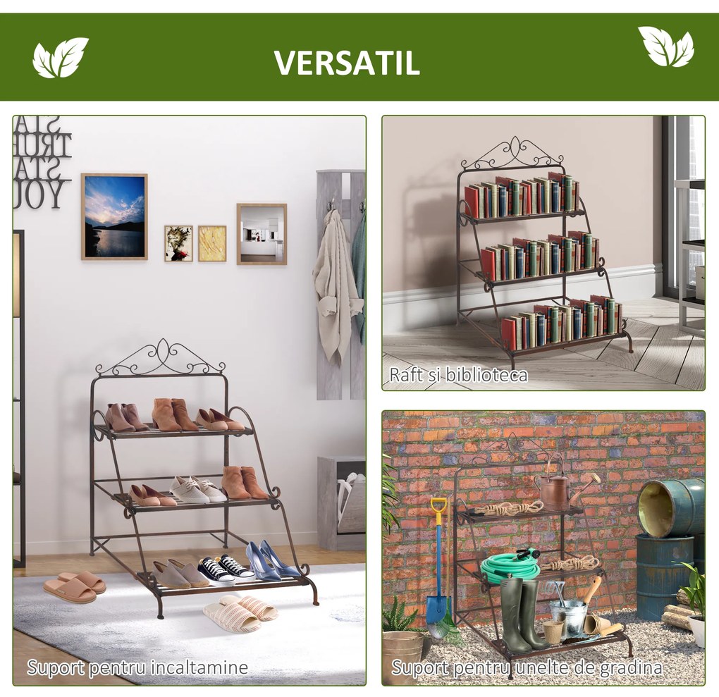 Jardiniera de Exterior Outsunny cu 3 Niveluri pentru Ornamente, Raft pentru Plante de Gradina din Metal, 60,5x59,5x95,5cm, Maro