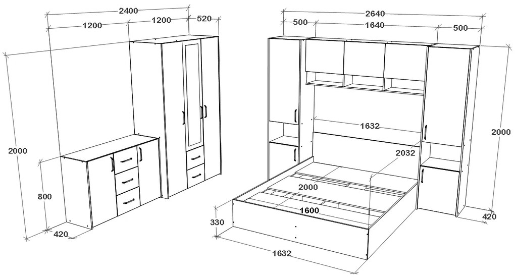 Set haaus V12, Pat 200 x 160 cm, Stejar Alb/Antracit