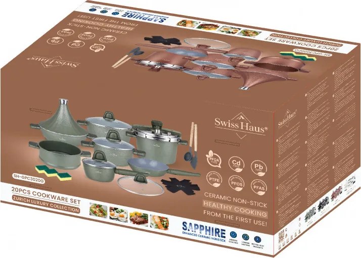 Set vase de gatit Swiss Haus SH-GPC3020G, 20 piese, Acoperire ceramica Sapphire, Fara PFAS, Cuptor pana la 220°C, Inductie, Verde