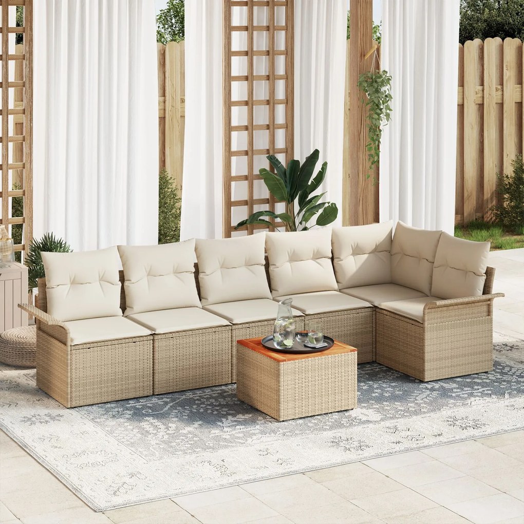 vidaXL Set de Canapea pentru Grădină de 7 Piese cu Perne Bej Poly Rattan Acacia