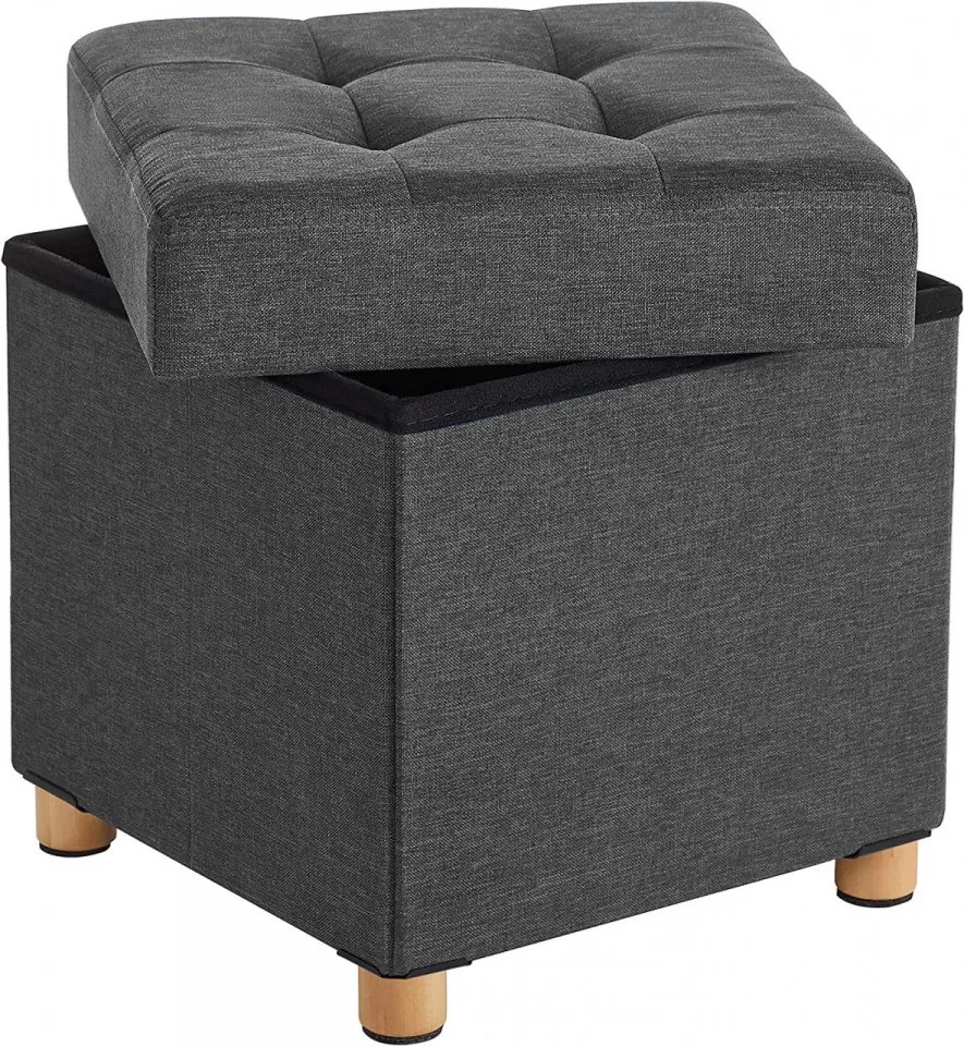 Taburet cu capac si spatiu depozitare, textil / MDF, gri, Songmics