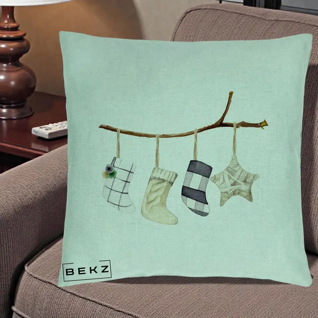 Perna Decorativa Ciorapi de Craciun pe Ramura, 40x40 cm, Verde Menta, Husa Detasabila, Perna Inclusa, BEKZ®