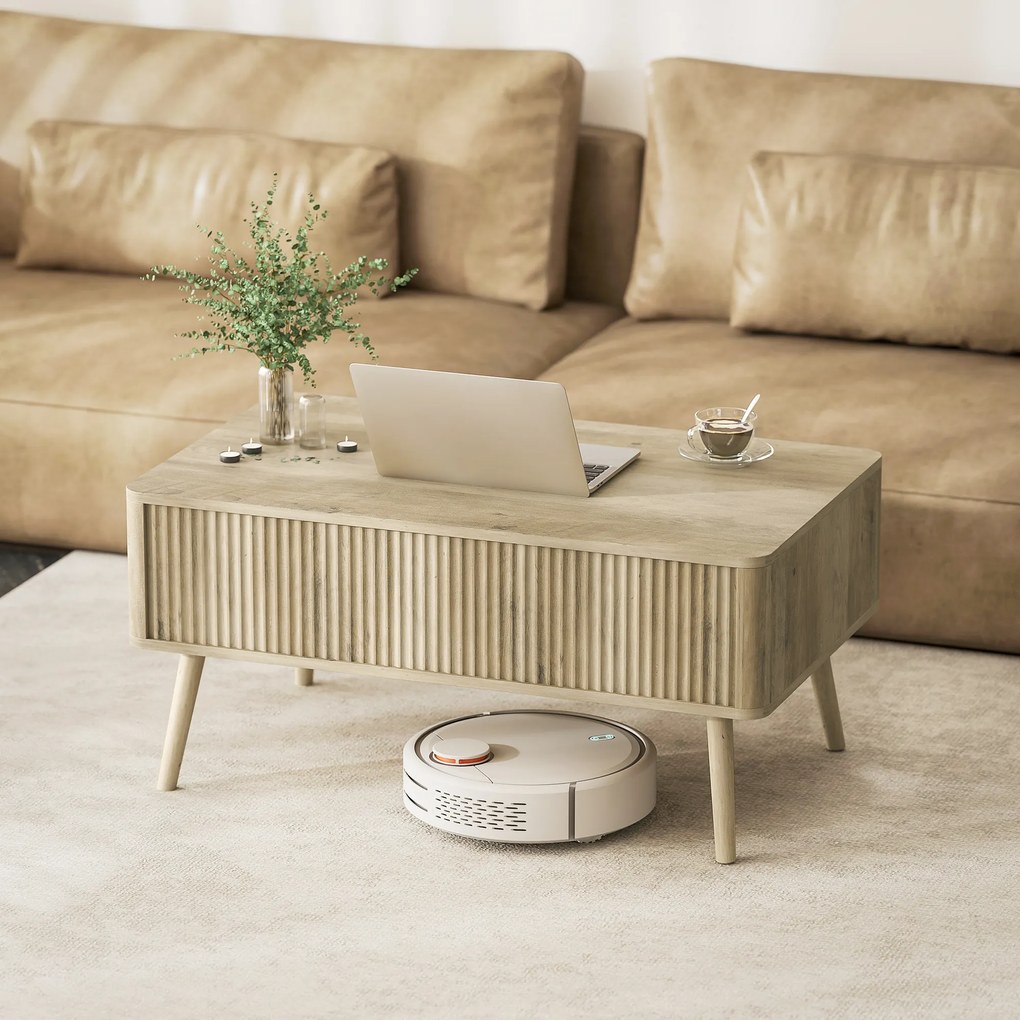 HOMCOM Masă de cafea rabatabilă, masă de salon cu 2 compartimente ascunse și picioare din pin, 91 x 56 x 43 cm, stejar | Aosom Romania