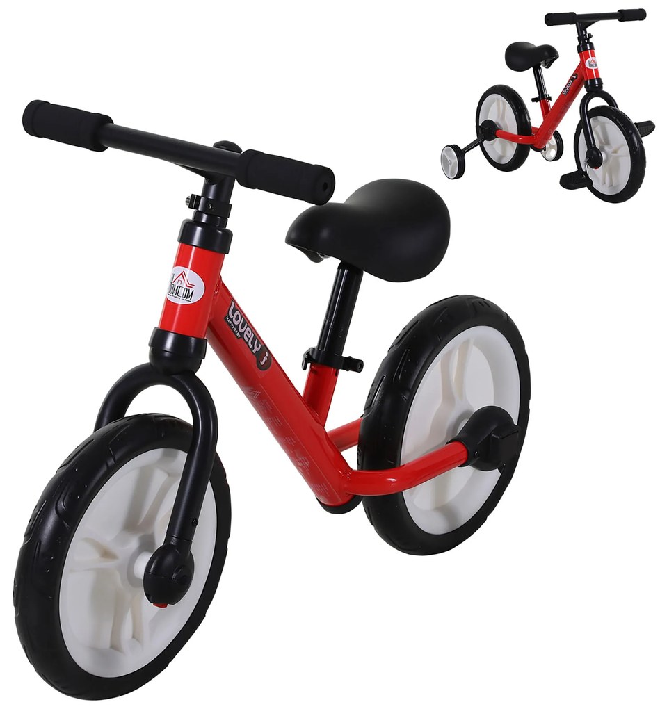 HOMCOM Bicicletă pentru copii cu pedale 2 în 1, roți și pedale detașabile, roți de 12" cu înălțimea șeii reglabilă pentru copii de la 2 la 5 ani, oțel roșu | Aosom Romania