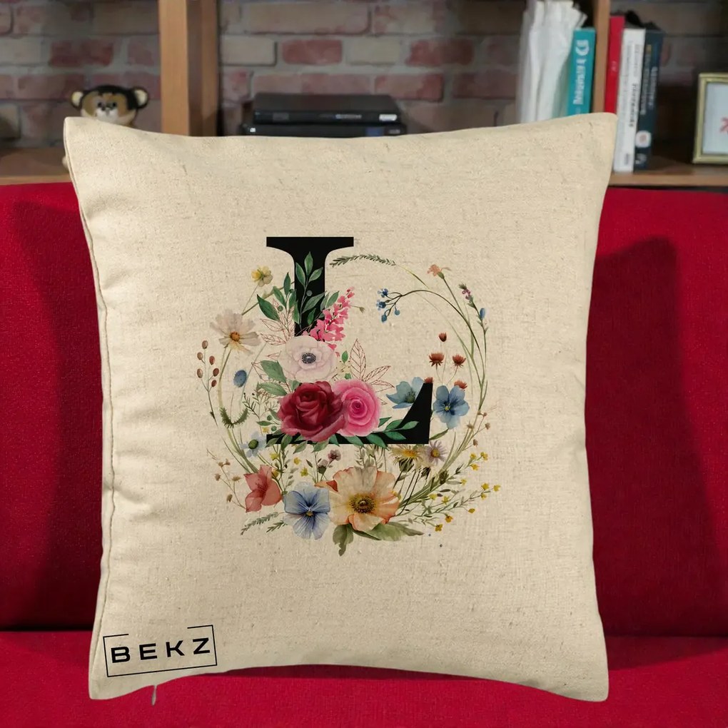 Cadou Personalizat - Perna Personalizata Monogram Litera L cu Flori Acuarela, 40x40 cm, Bej, Husa Detasabila, Perna Inclusa, BEKZ®