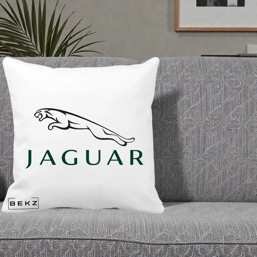 Perna Personalizata cu emblema Jaguar, 40x40 cm, Alba Mata, Husa Detasabila, Perna Inclusa, BEKZ®