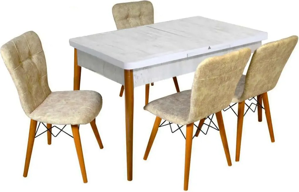 Set masa extensibila cu 4 scaune tapitate Homs cristal alb-bej 110 x 70 cm