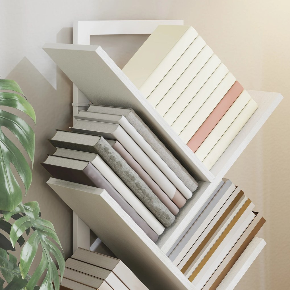 HOMCOM Bibliotecă în Formă de Copac cu 7 Rafturi și Sistem Antivoltaj pentru Sufragerie Dormitor 50x24x109 cm Alb | Aosom Romania