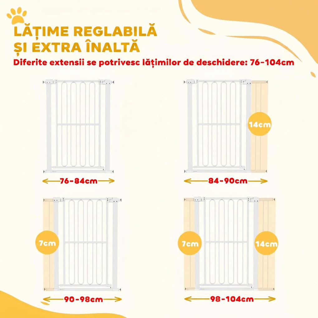 PawHut Poartă de Siguranță Extensibilă pentru Câini 76-104 x 104 cm, Deschidere cu o Singură Mână, Alb | Aosom Romania