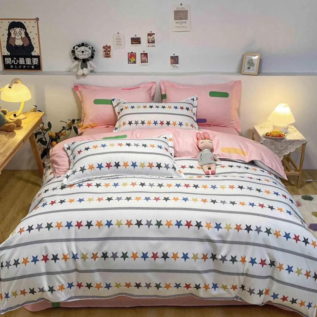 Lenjerie de pat cu 2 fete, policoton, 4 piese, pat 2 persoane, roz / alb, A50-604