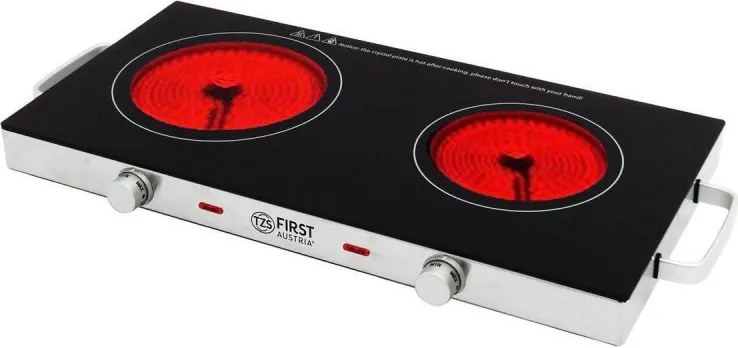 Resigilat: Plită dubla cu infrarosu FIRST FA-5096-7, 2800W, Pana la 300°C, Termostat, Sticla ceramica, Negru/Inox