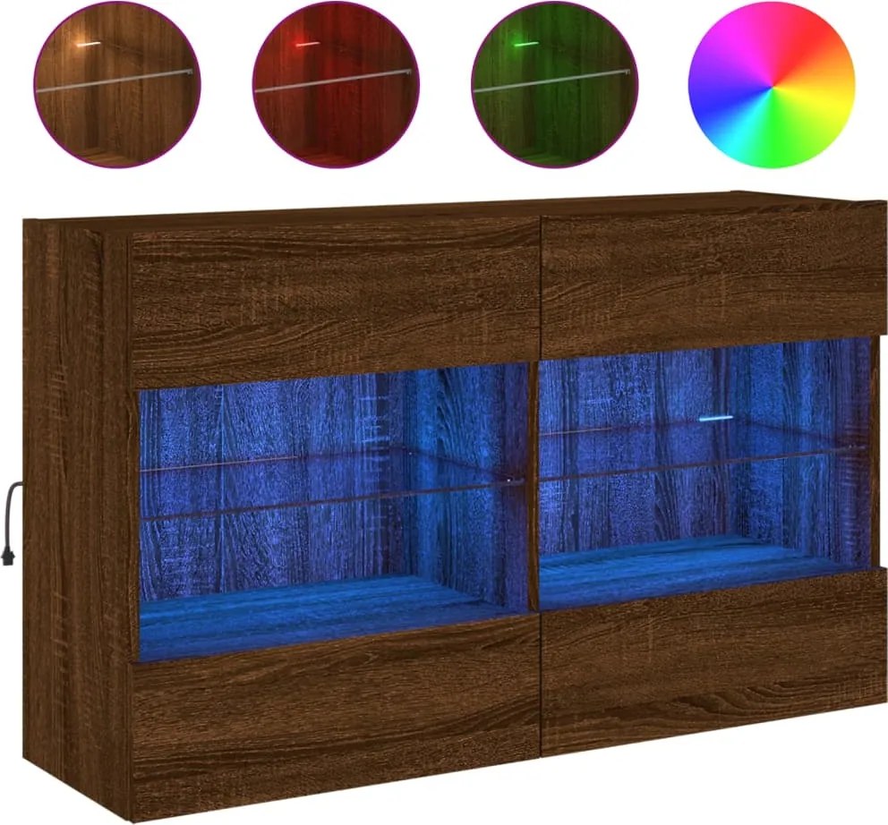 vidaXL Comodă TV de perete cu lumini LED, stejar maro, 98,5x30x60,5 cm