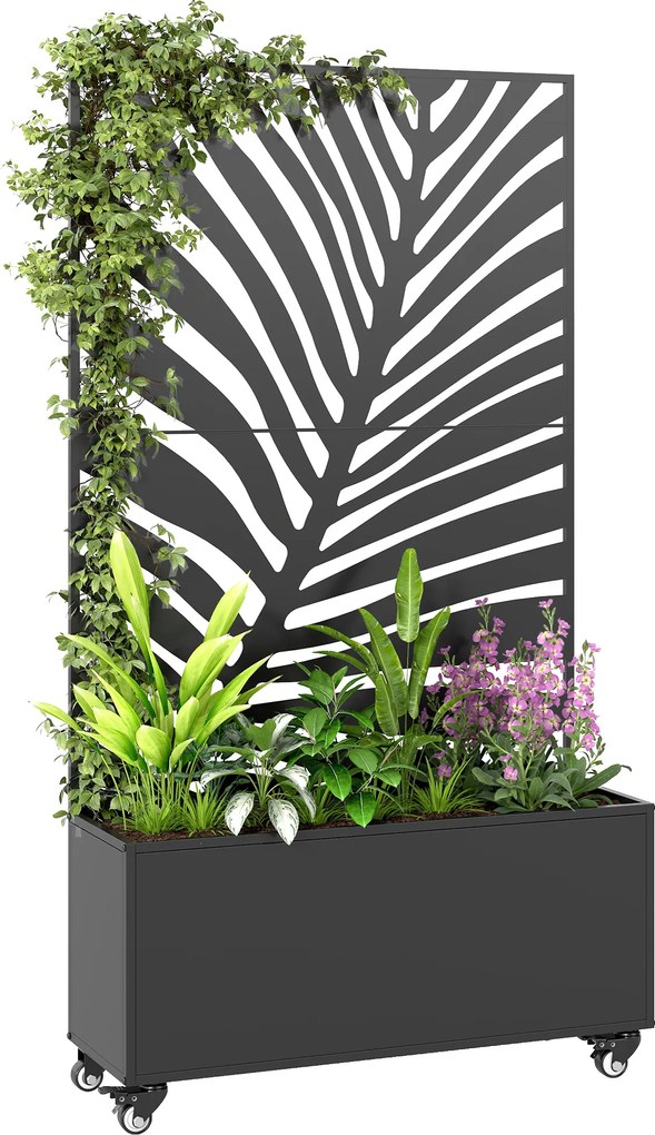 Outsunny Jardinieră cu spalier, cuvă pentru flori, cu paravan de intimitate și roți blocabile, metal, 90 x 30 x 160 cm, negru | Aosom Romania
