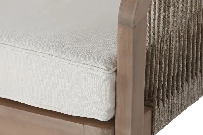 Set lounge exterior premium din lemn de acacia cu frânghie împletită, canapea, 2 fotolii și măsuță cu perne din stofă, „Capri”