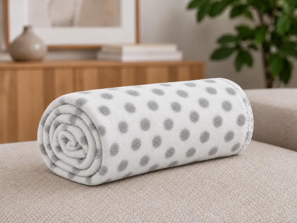 Patura din fleece FLEORA, alb/gri cu buline Dimensiune: 180 x 200 cm