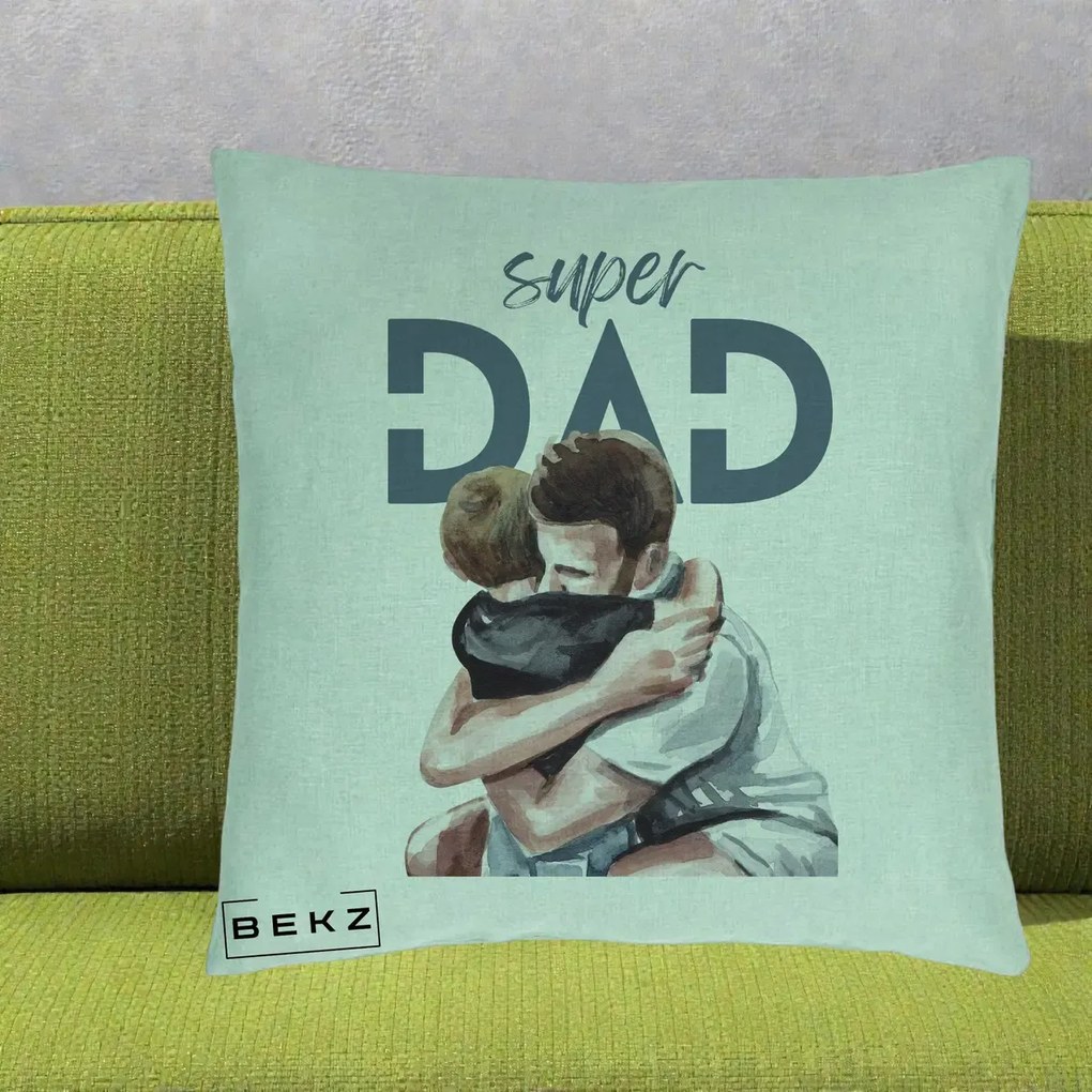 Cadou pentru Tata - Perna Personalizata Super Dad Tata si Fiu Imbratisare, 40x40 cm, Verde Menta, Husa Detasabila, Perna Inclusa, BEKZ®