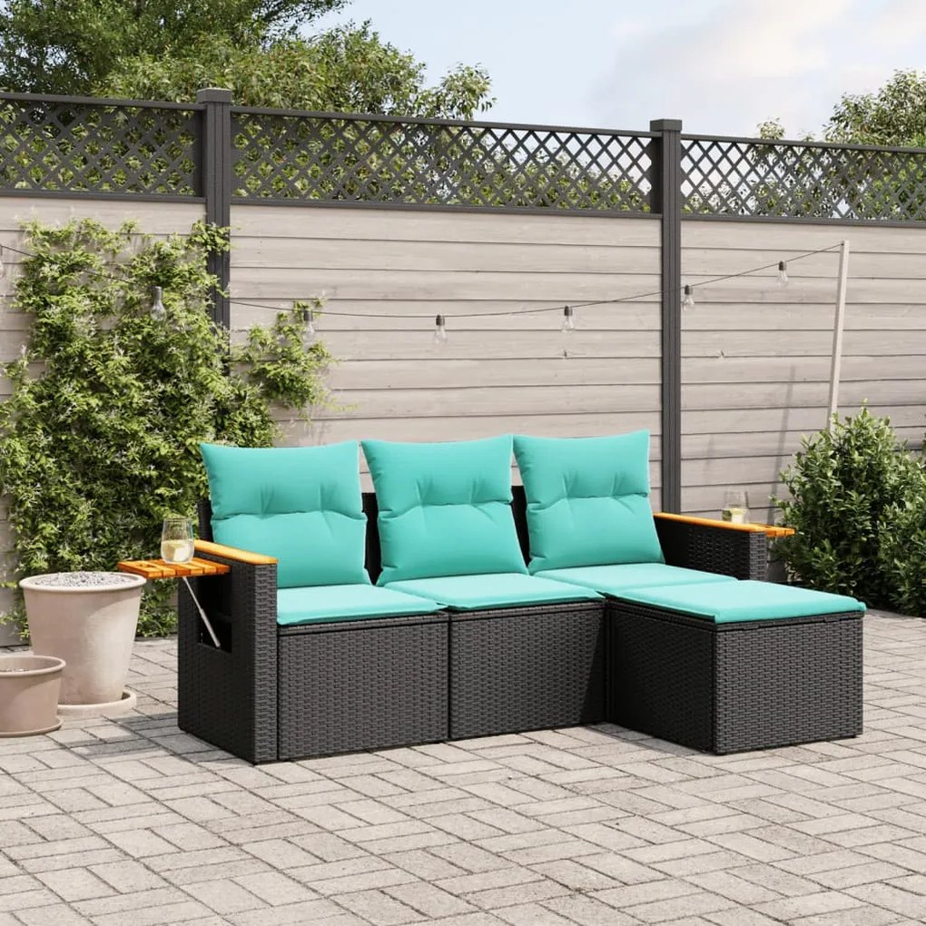 vidaXL Set mobilier de grădină cu perne, 4 piese, negru, poliratan