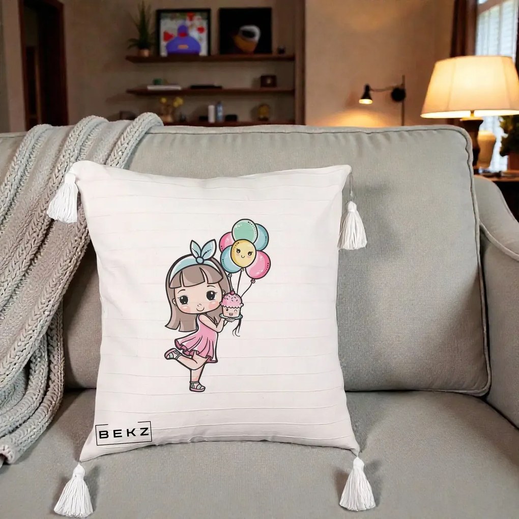 Perna Decorativa Fetita Kawaii cu Baloane si Cupcake, 40x40 cm, Bej cu Franjuri, Husa Detasabila, Perna Inclusa, BEKZ®