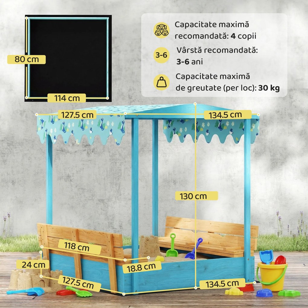 AIYAPLAY Lădiță cu Nisip pentru Copii 3-6 Ani cu Acoperiș Dinosauri, Bănci Pliabile, Capac și Husă Incluse, Lădiță de Nisip din Lemn de Brad, 134,5x127,5x130 cm, Albastru | Aosom Romania