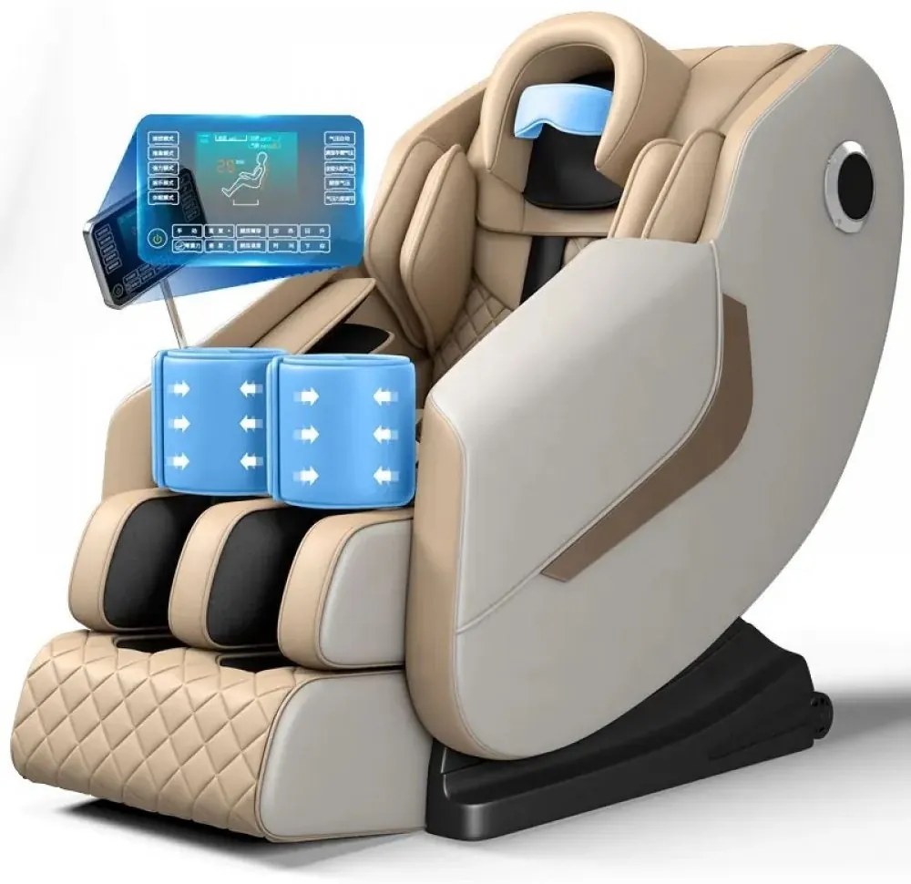 Fotoliu de Masaj GAIUS, Masaj role, Masaj airbaguri, Incalzire, Bluetooth, Zero Gravity, 2 Boxe, Moduri Automate, Reflexoterapie si Presopunctura, Display, Suport picioare extensibil, PU, Bej