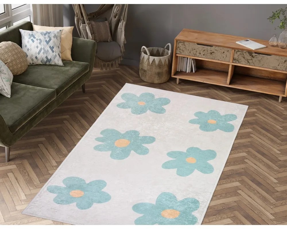 Covor pentru copii verde mentă/fildeș lavabil 60x100 cm Cute Flowers Green – Vitaus