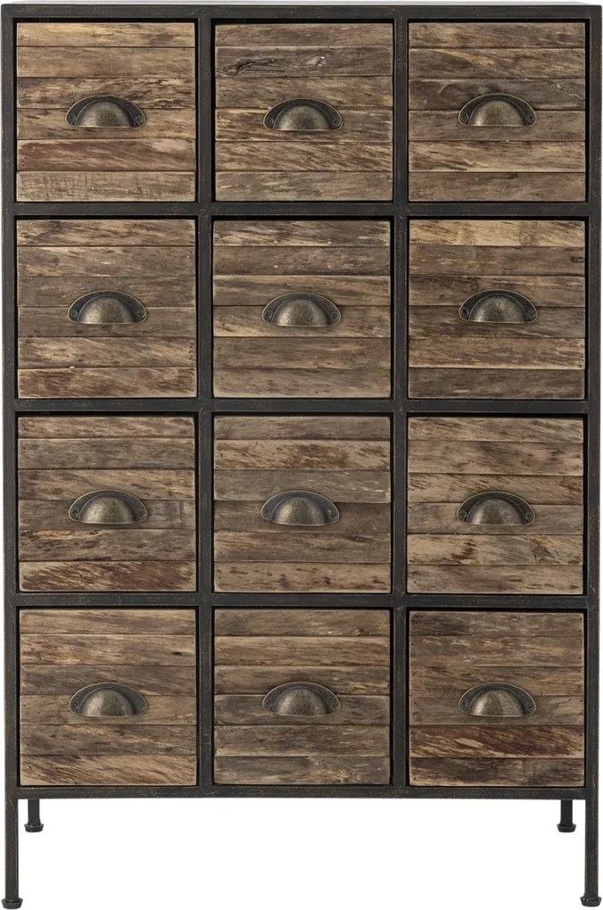 Comodă cu multe sertare, industrială, din metal și lemn, negru, cu 12 sertare, mânere scoică și picioare metalice, 92 x 60,5 x 33,5 cm, „Matteo”
