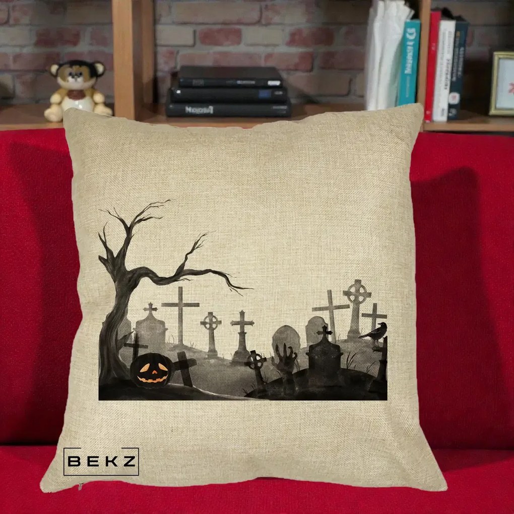Perna Decorativa Halloween Cimitir Acuarela cu Dovleac, 40x40 cm, Crem, Husa Detasabila, Perna Inclusa, BEKZ®