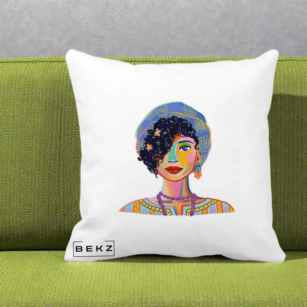 Perna Decorativa Portret Femeie Etnic Colorat, 40x40 cm, Alba Mata, Husa Detasabila, Perna Inclusa, BEKZ®