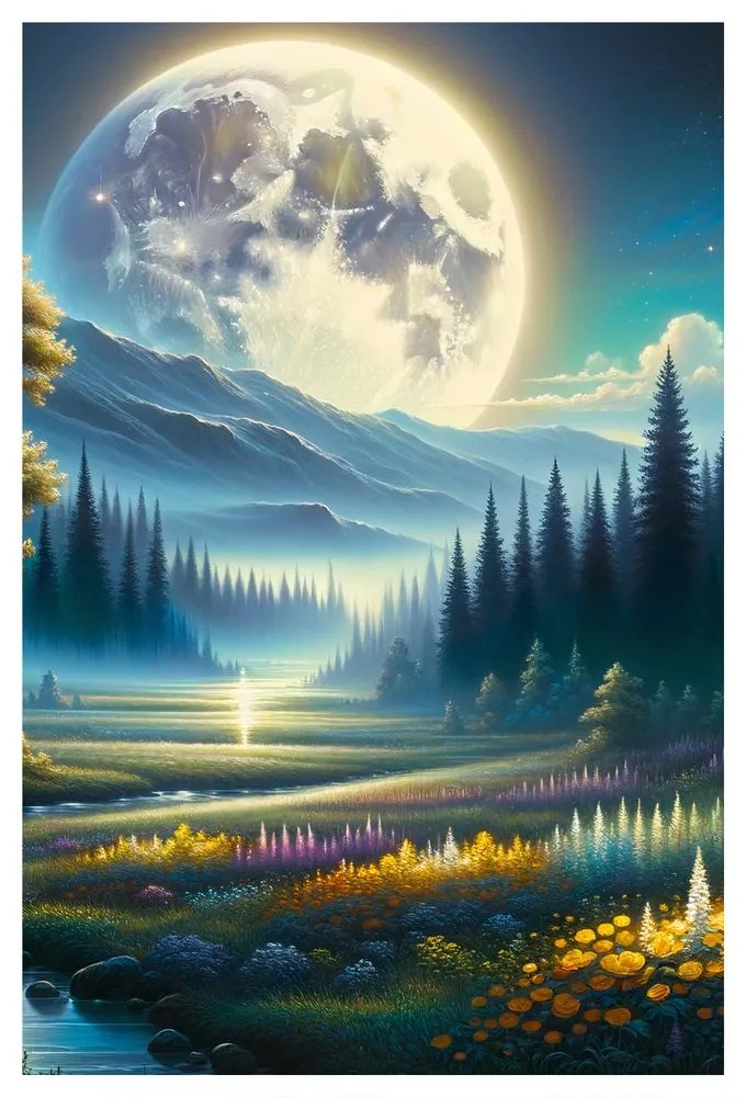 Tablou natură nocturnă liniștită cu râu