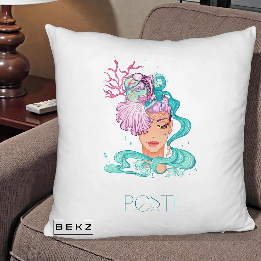 Perna Personalizata Zodiac Pesti Cowgirl, 40x40 cm, Alb Pufos, Husa Detasabila, Perna Inclusa, BEKZ®