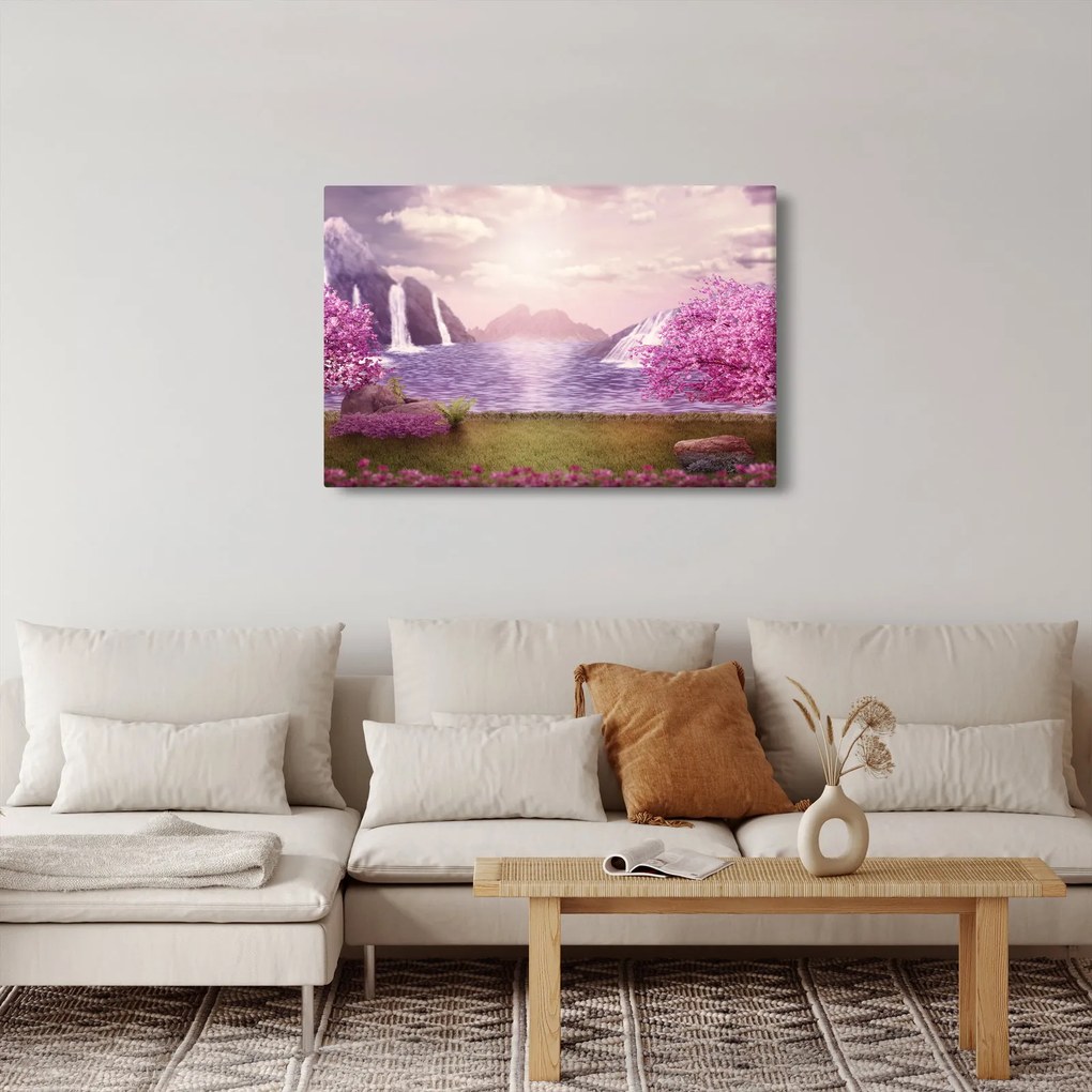 Tablou cu pomi roz cu lac (90x60 cm)