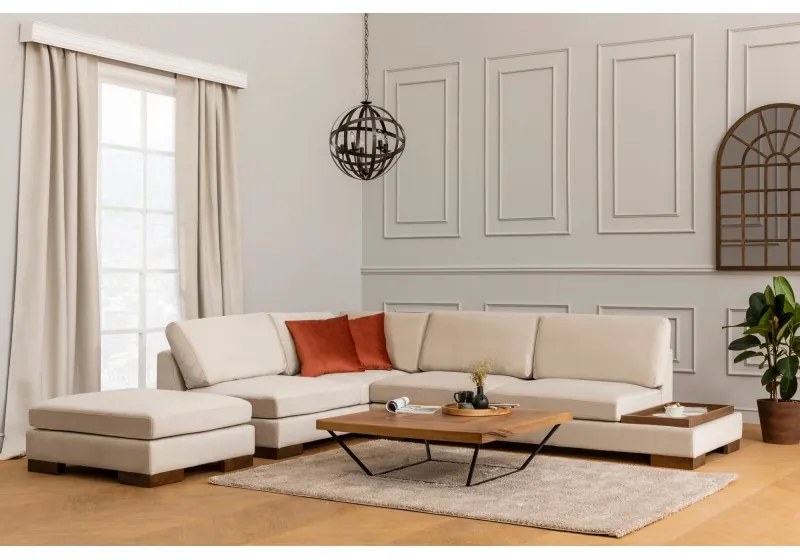 Canapea Tip Coltar cu Suport Cafea si Taburet Tulip Corner Left With Pouf - Beige