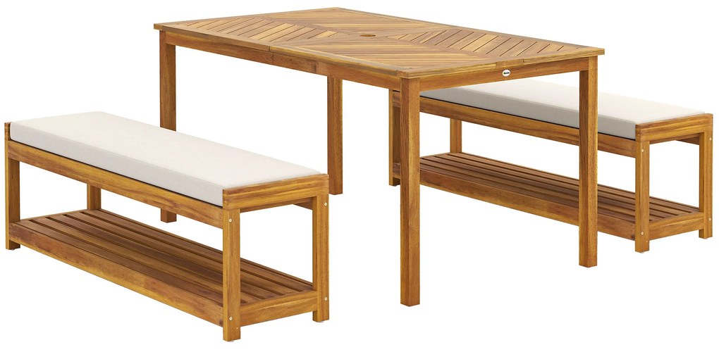 Outsunny Set de mobilier de grădină 3 buc., Set de scaune cu 1 masă cu orificiu pentru umbrelă, 2 bănci 150 x 85 x 75 cm Teak | Aosom Romania