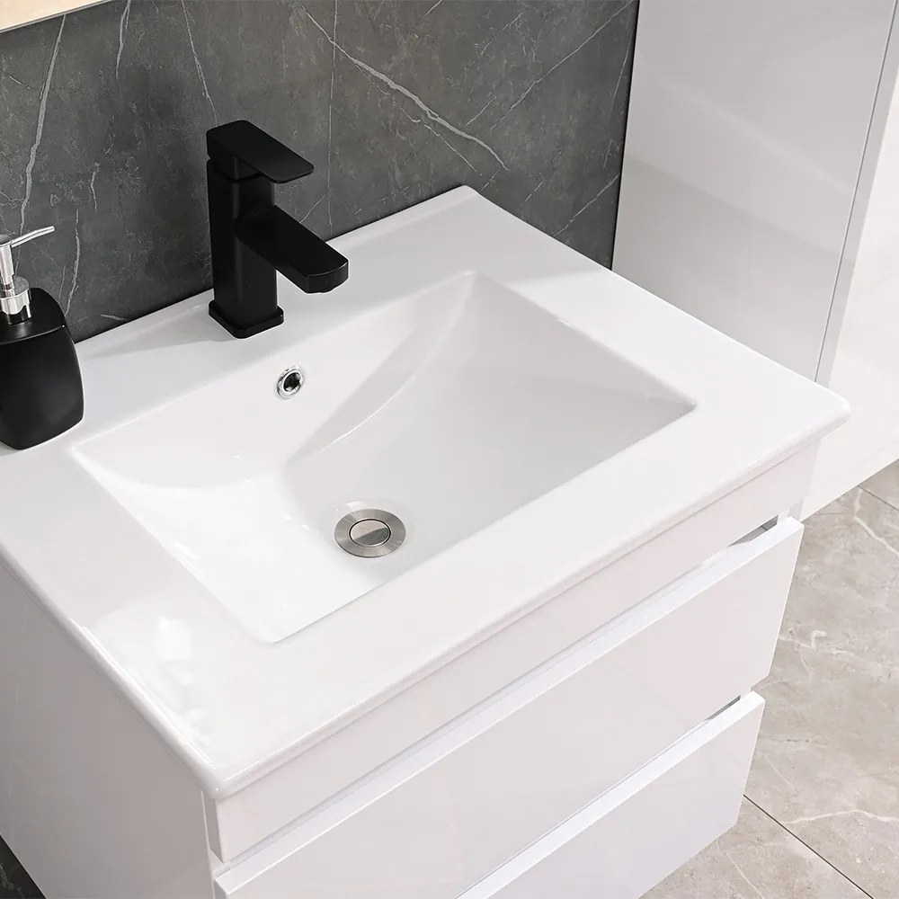 Mască de baie Cube 60 cu chiuvetă ceramică, 2 sertare, vopsită în alb lucios